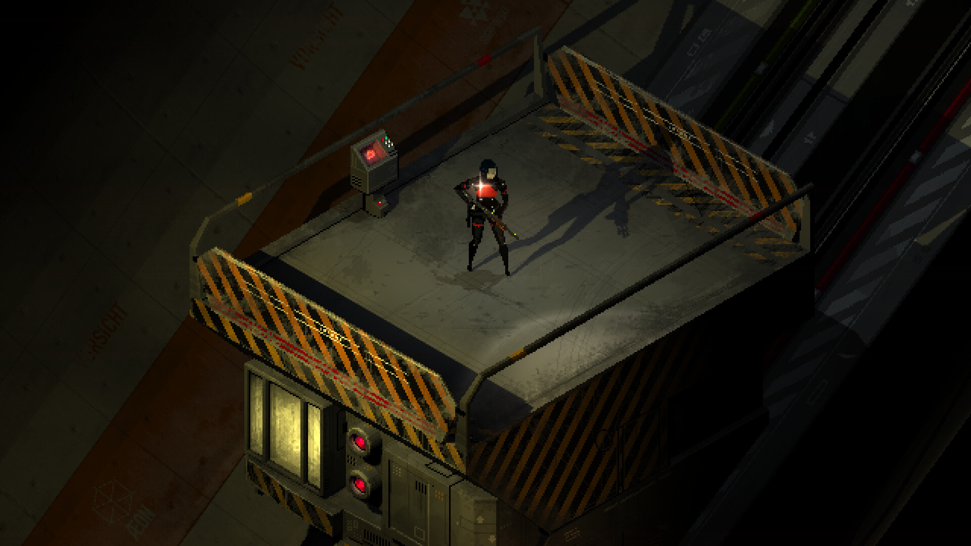 Elster stands on a platform above a dark shaft.