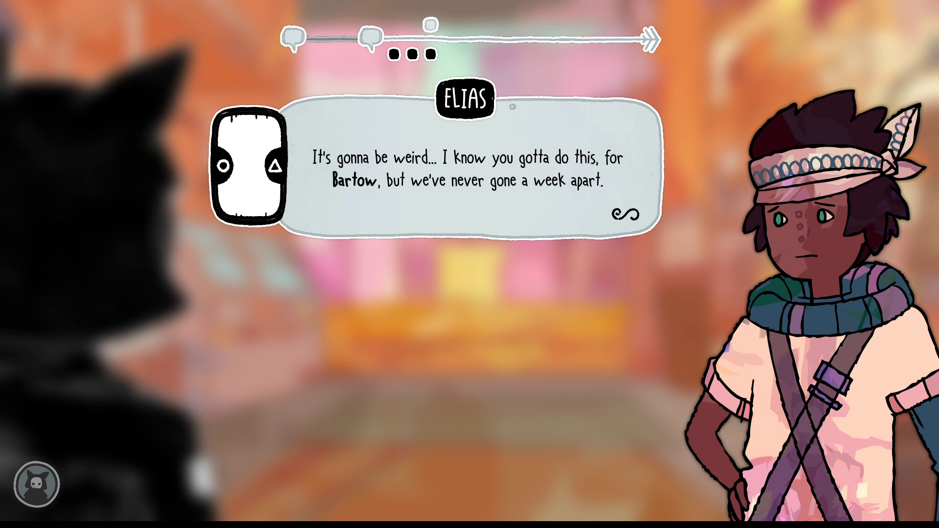 A conversation with Elias presents a card choice in a bright settlement.