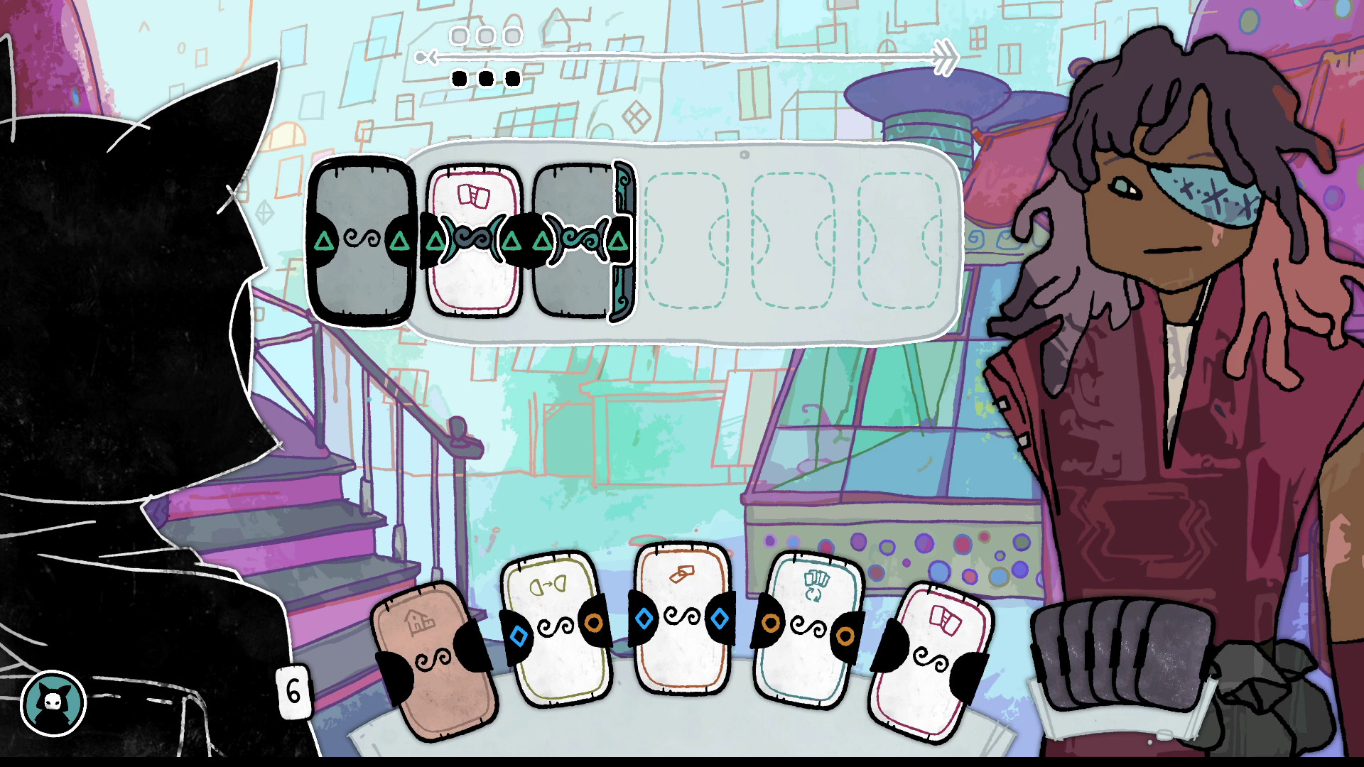 A traveller faces a hand of conversation cards and another character.