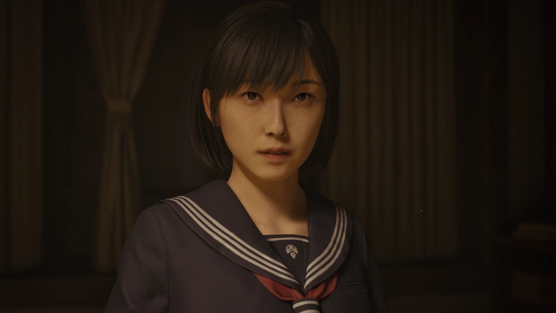 Hinako stands indoors wearing her school uniform.