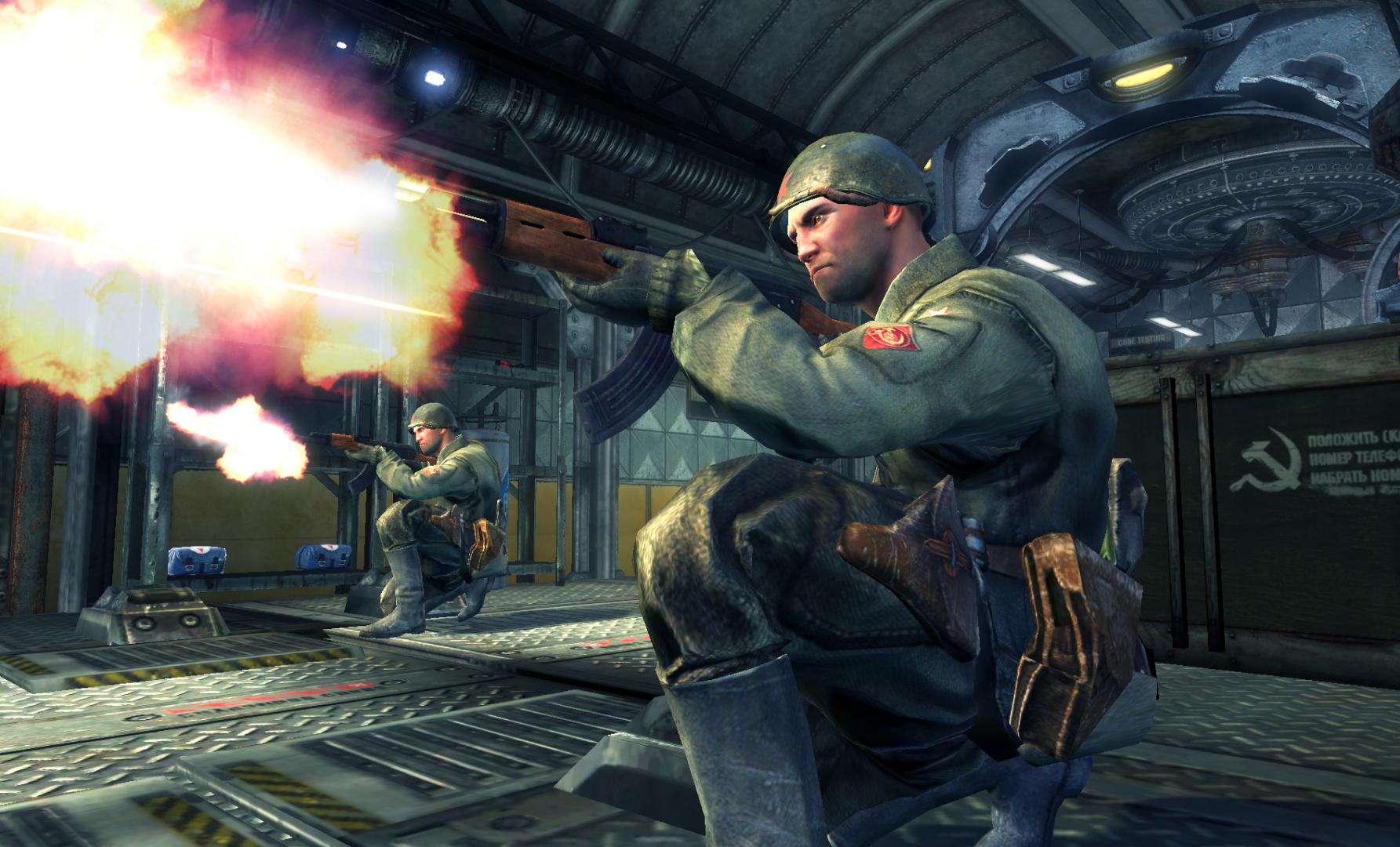 Armed soldiers fire inside a Soviet-era facility.