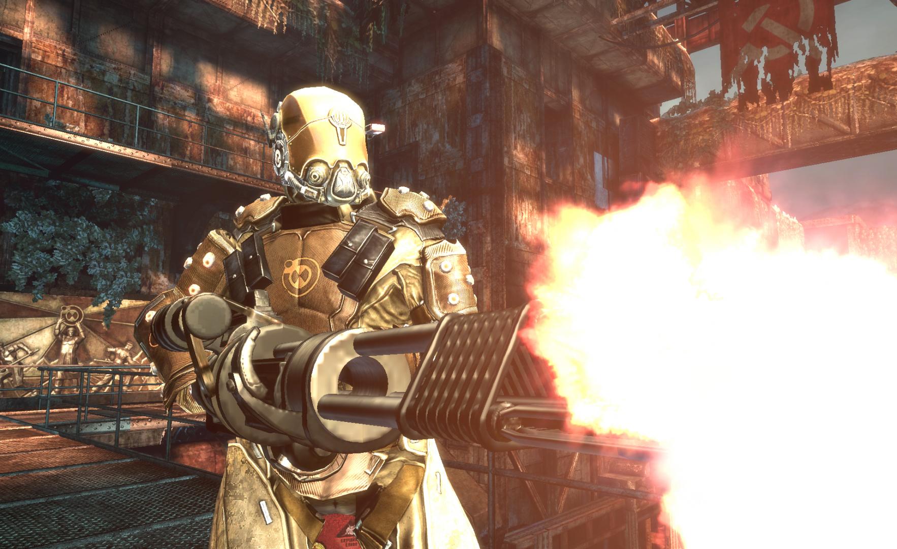 An armoured soldier fires a heavy weapon in an industrial hall.