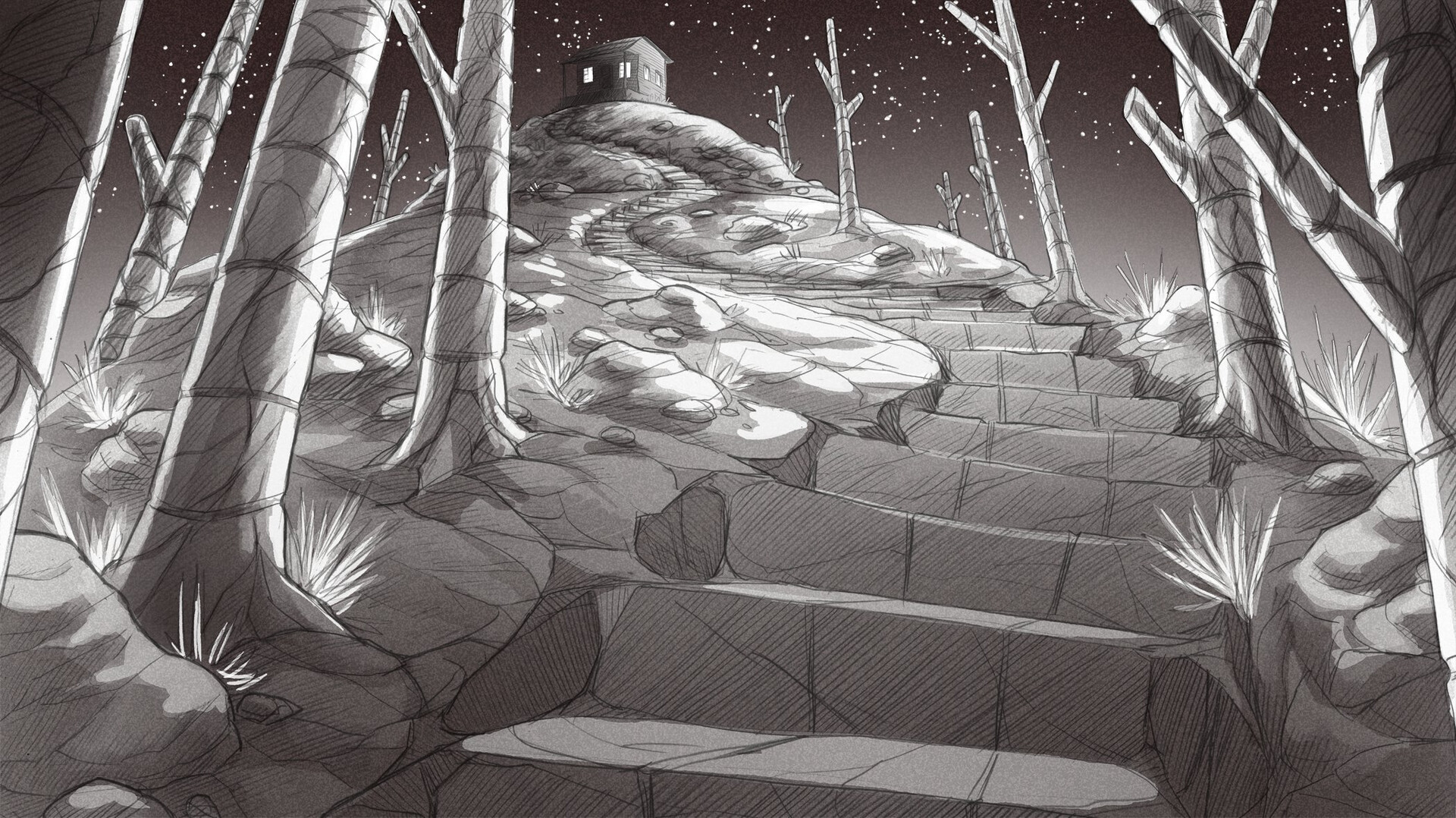 A pencil-drawn path climbs through bare trees toward a cabin.