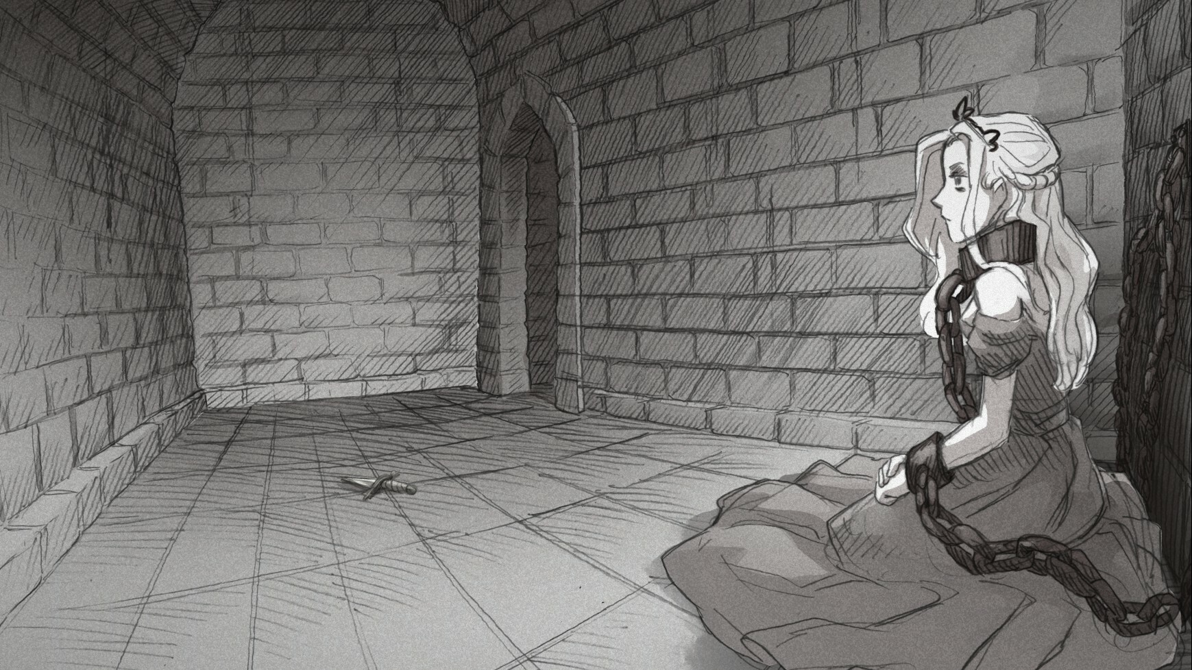 The Princess sits chained in a stone basement.