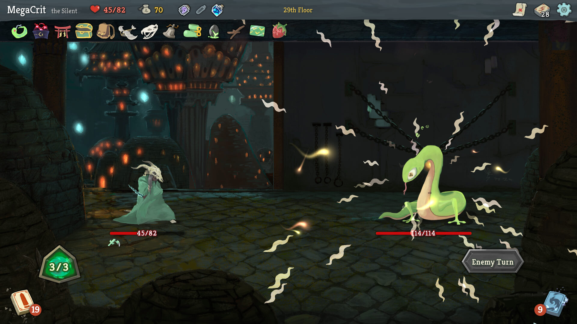 A combat turn pits a cloaked adventurer against a green serpent-like enemy.