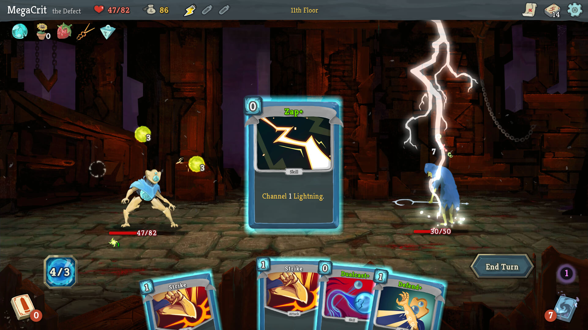 A card is played during a combat turn as lightning strikes an enemy.