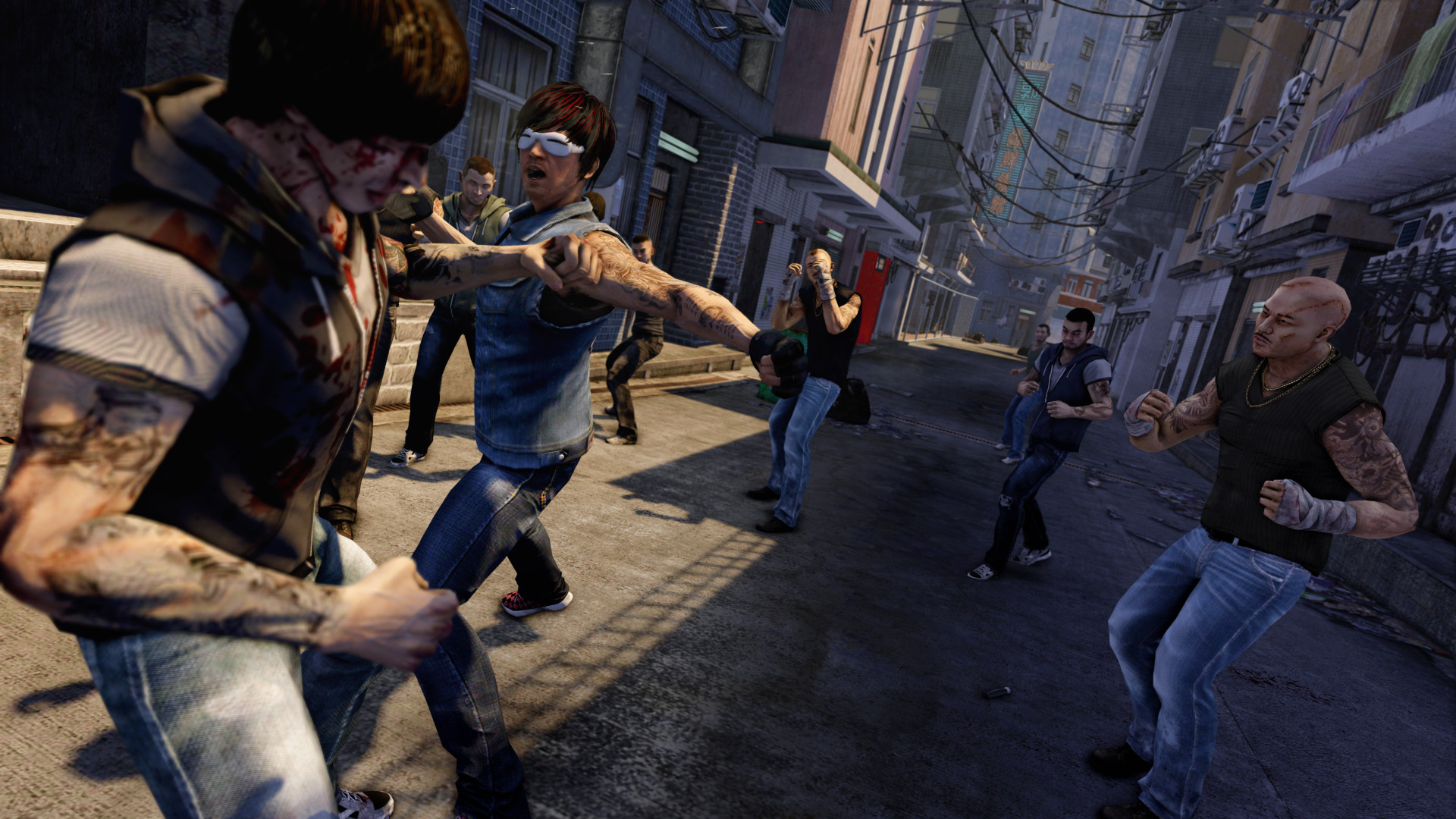 Wei Shen fights several opponents on a crowded street.
