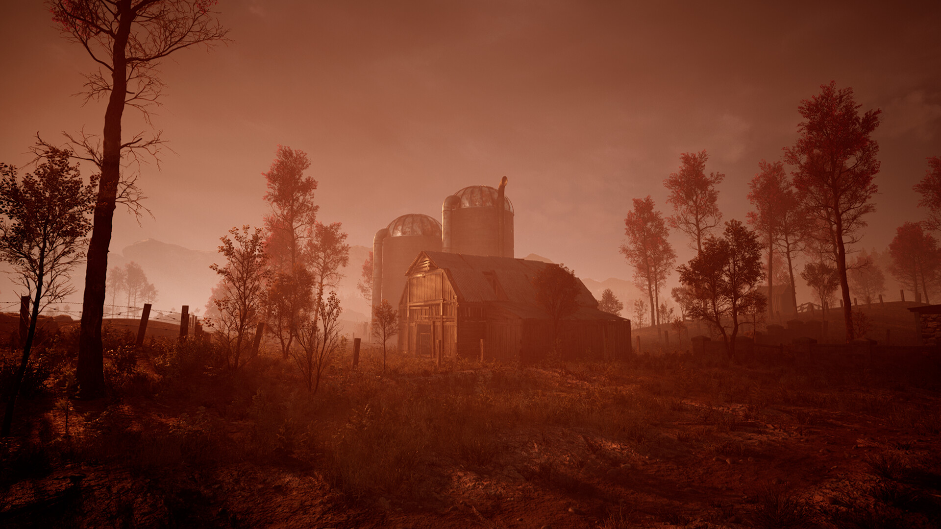 A ruined church stands among trees beneath a red sky.