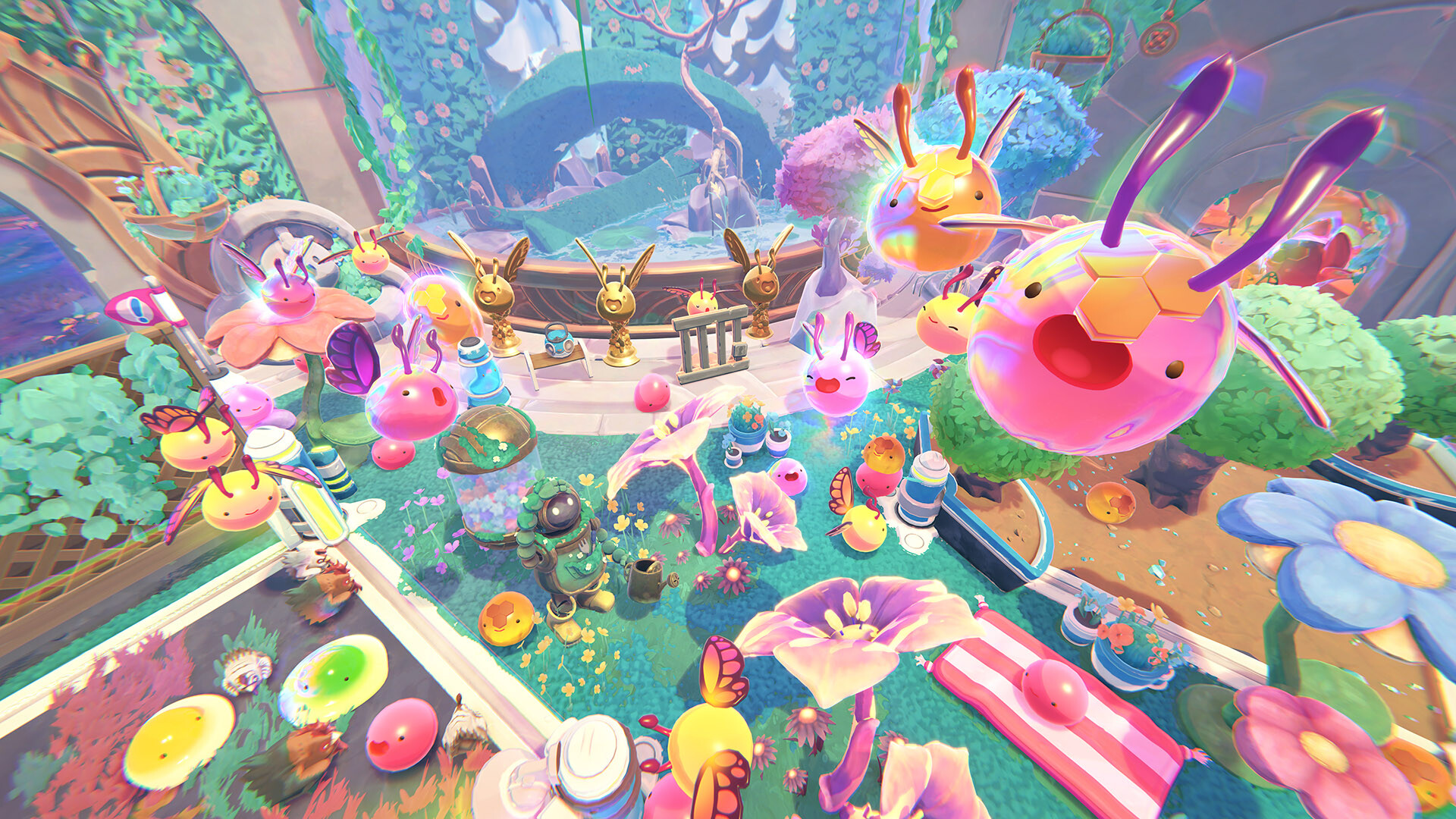 Colorful slimes gather around the conservatory and its gardens.