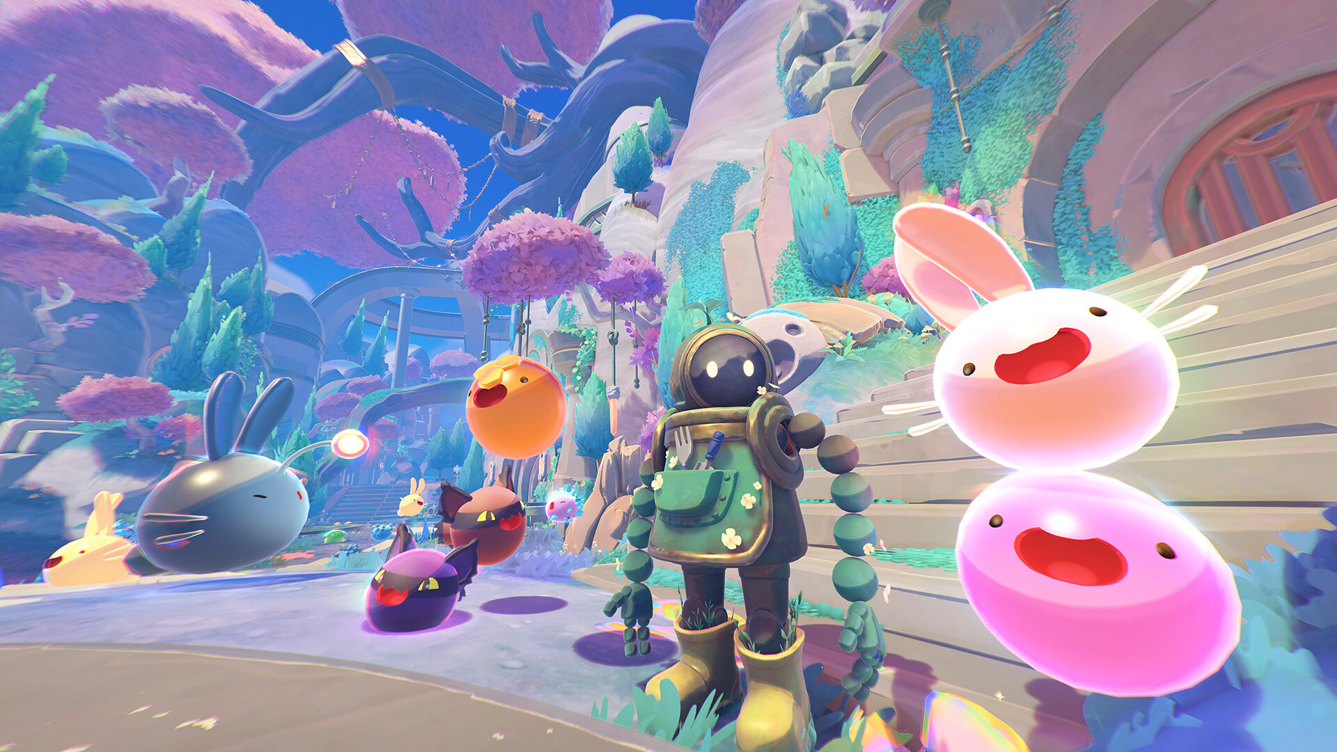 Beatrix stands among slimes in the bright terrain of Rainbow Island.