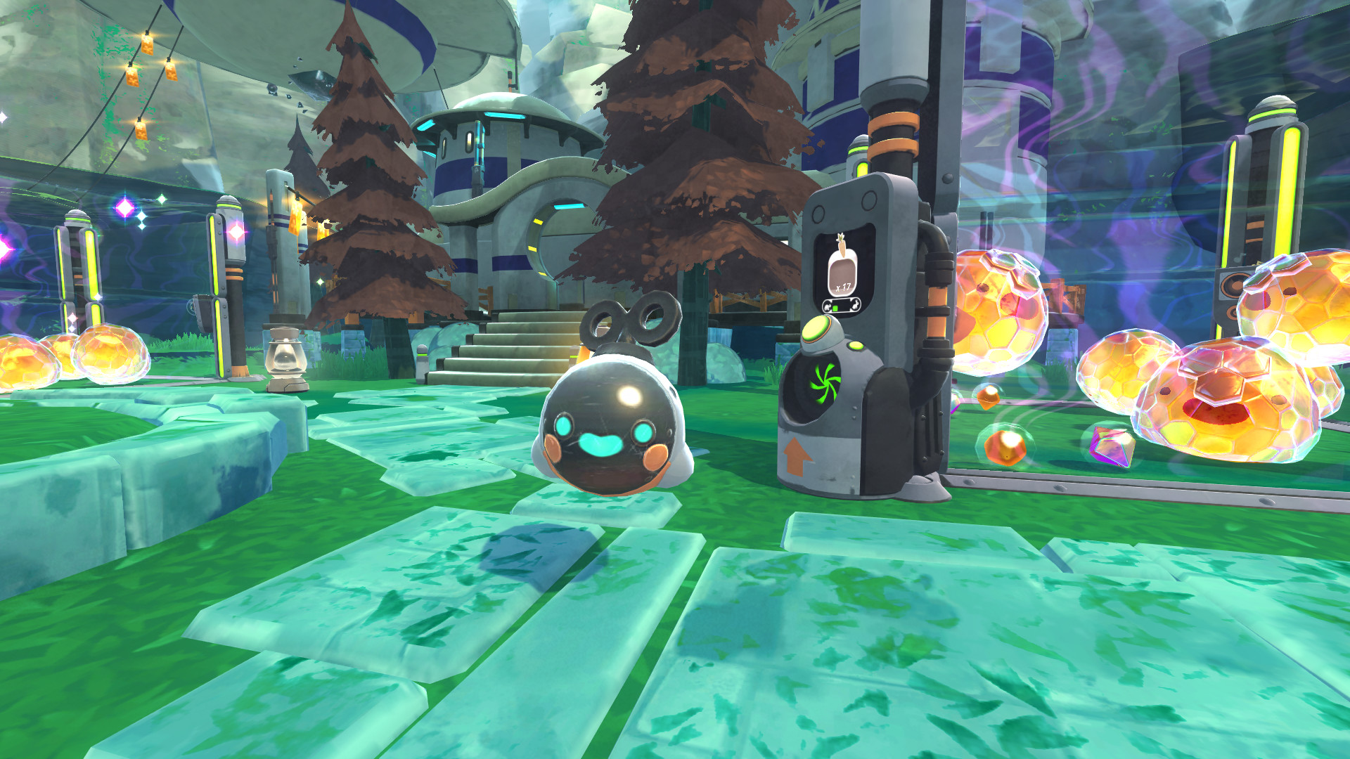 A dark slime sits near ranch machinery and other glowing slimes.