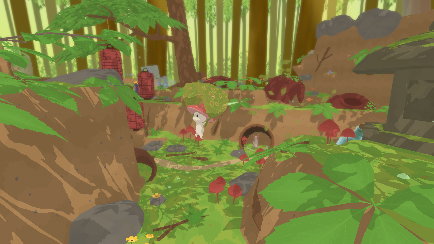Smushi carries a large leaf through a forest of lanterns and mushroom homes.