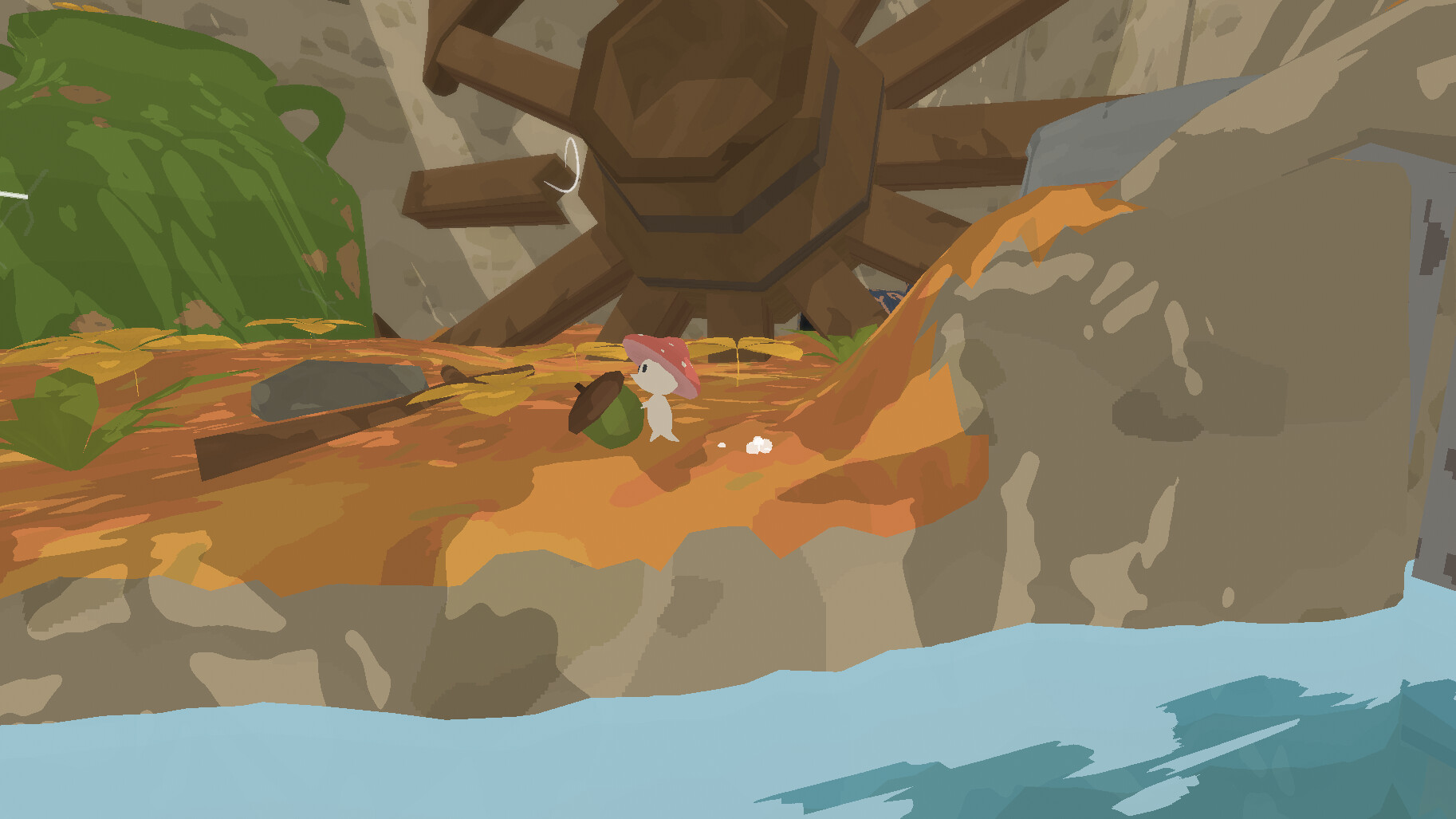 Smushi carries an acorn beside a wooden waterwheel above a stream.