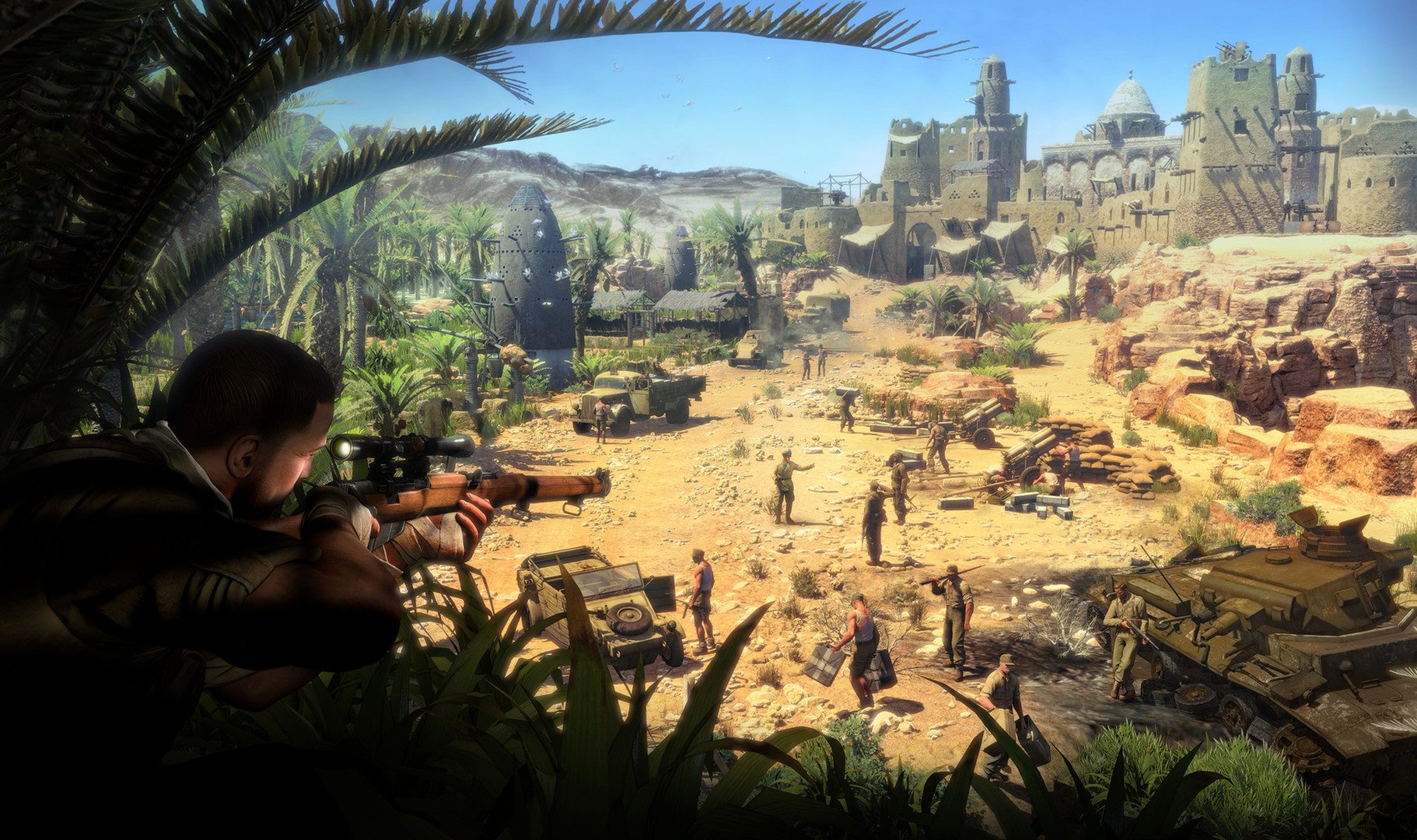 Karl aims at soldiers from a shaded vantage point in North Africa.