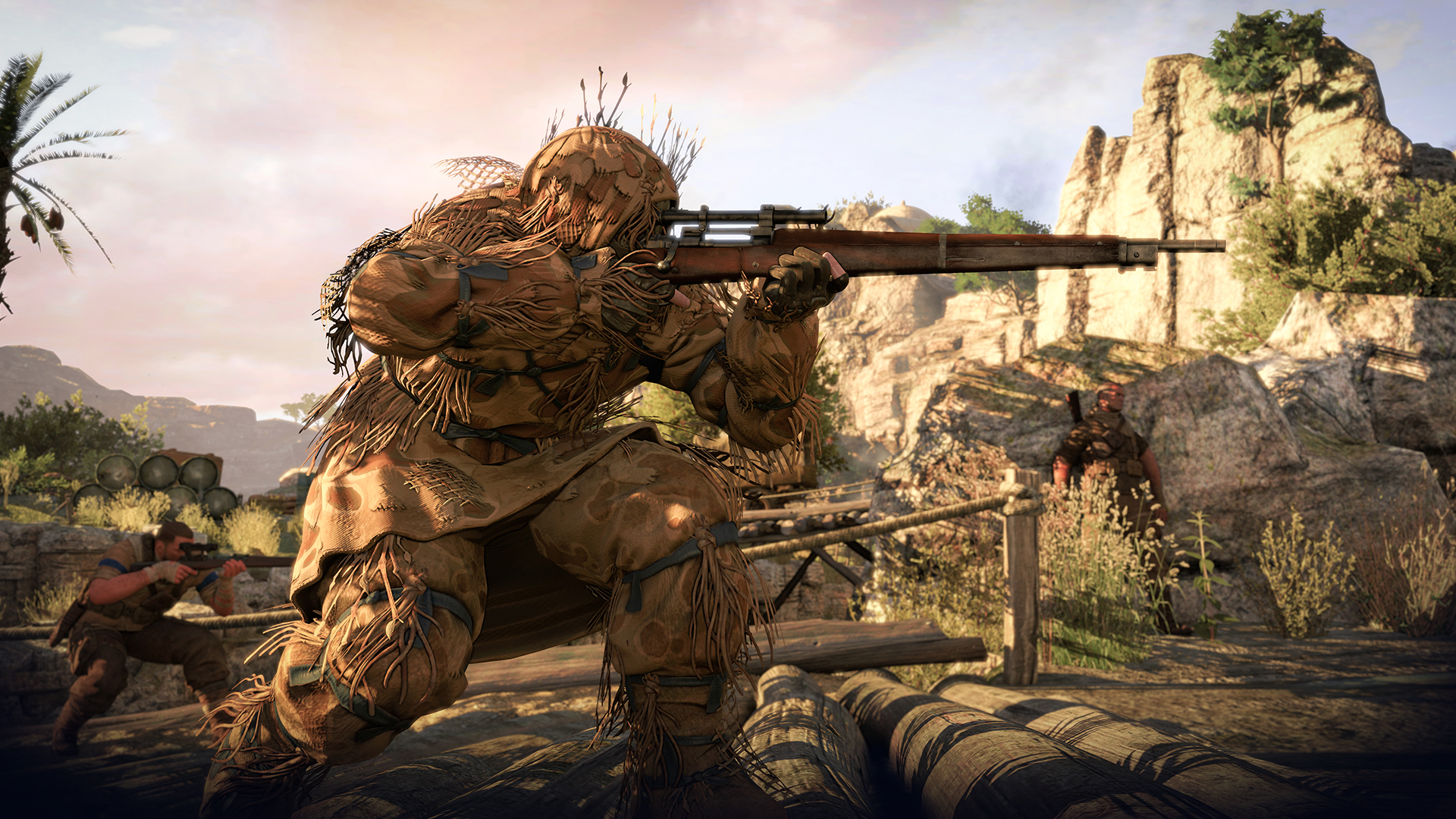 A sniper lines up a shot from a rocky position.