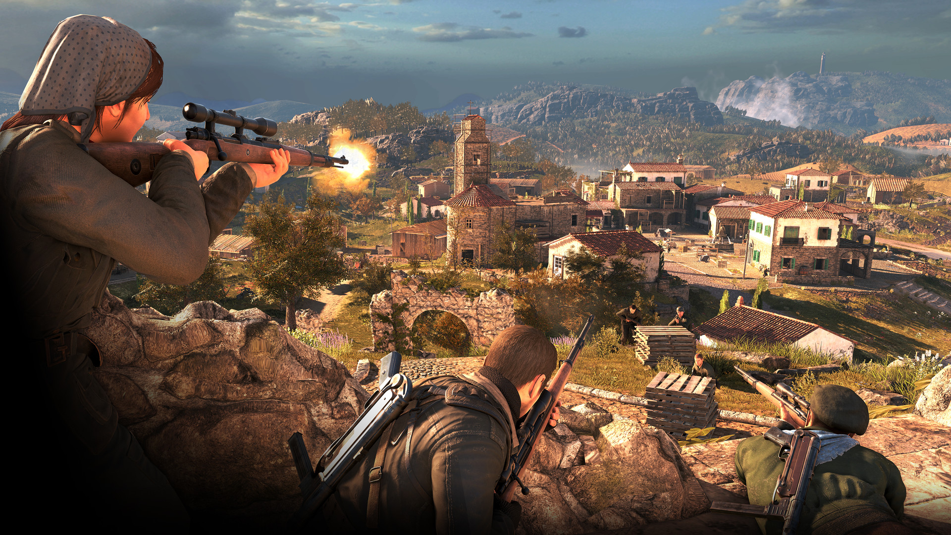 A soldier fires over a town from an elevated position.