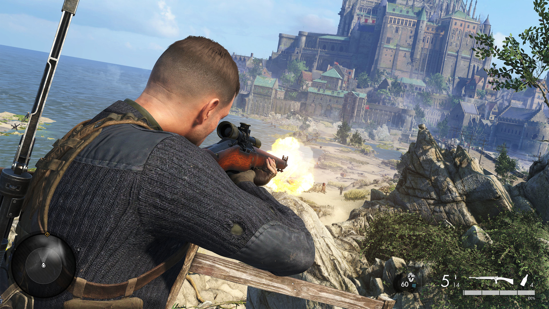 Karl fires toward a coastal fortress.