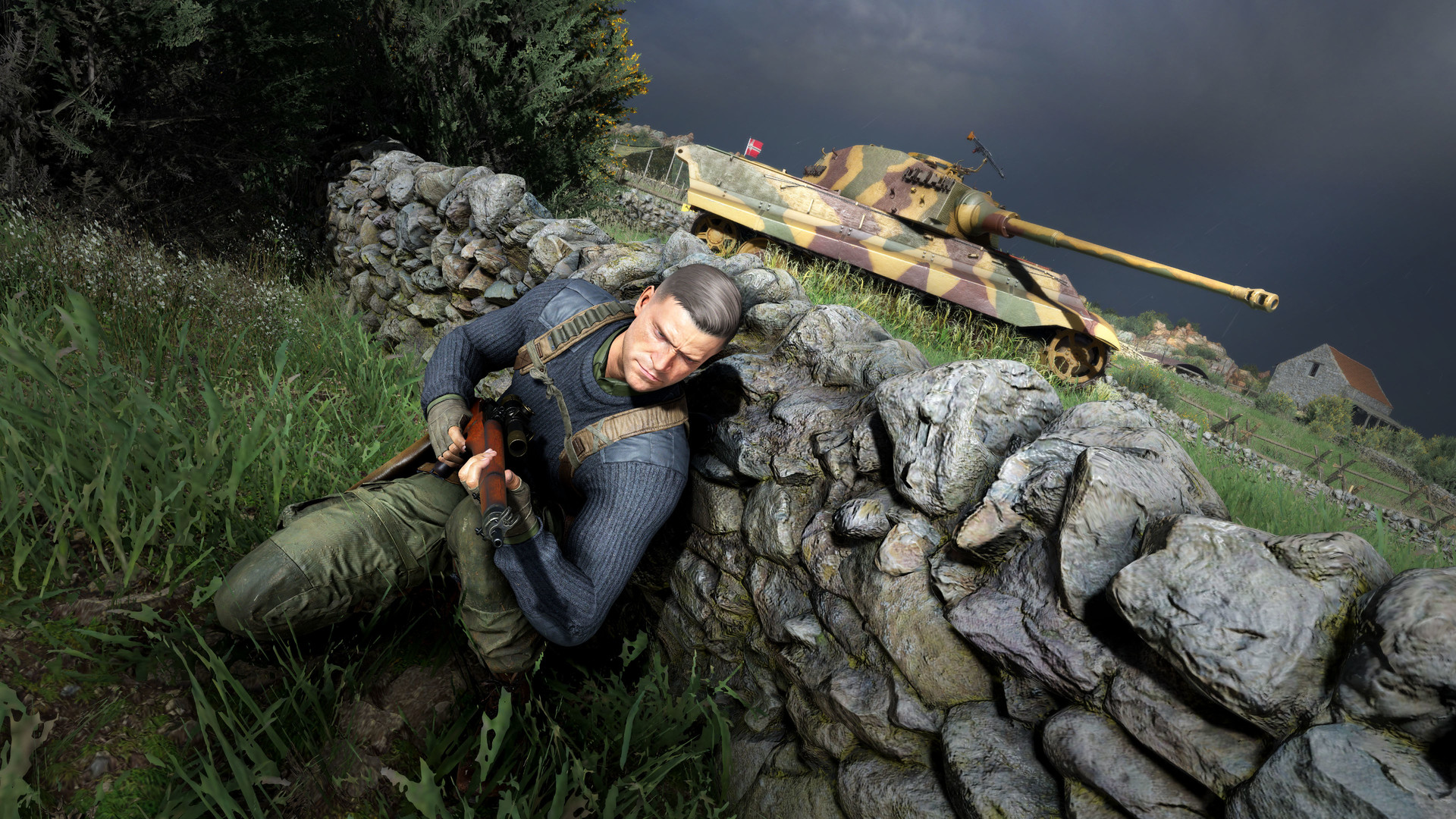 Karl crouches behind a wall as a tank passes nearby.