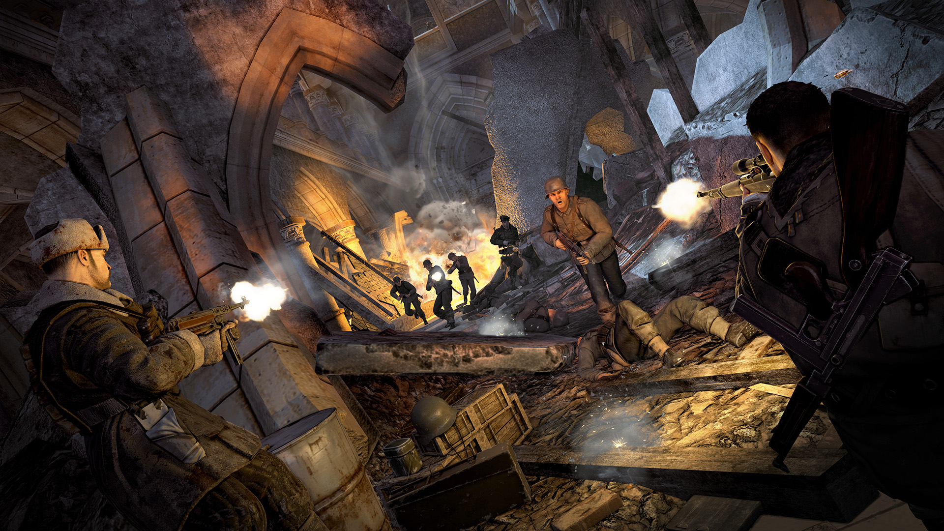 Soldiers exchange fire inside a ruined Berlin passage.