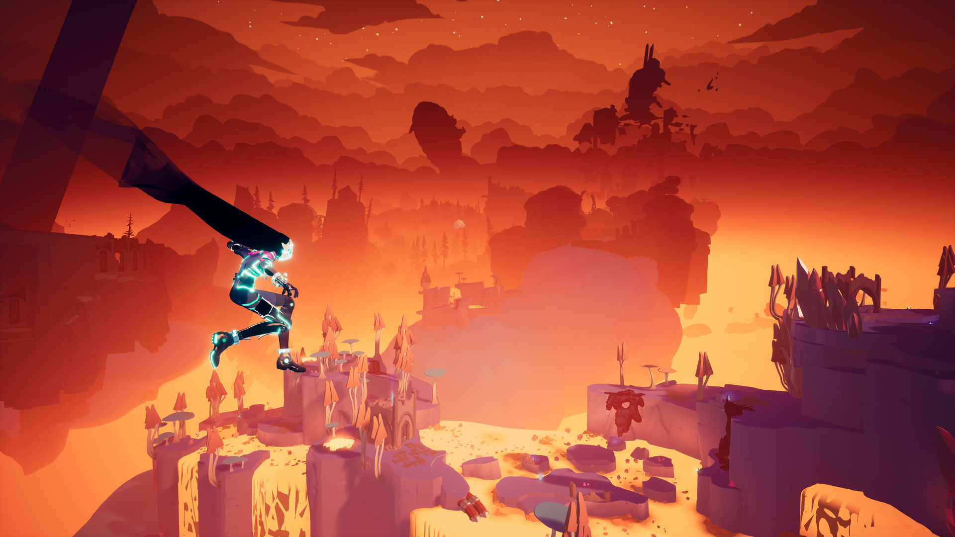 Rei crosses an orange landscape of floating ruins.