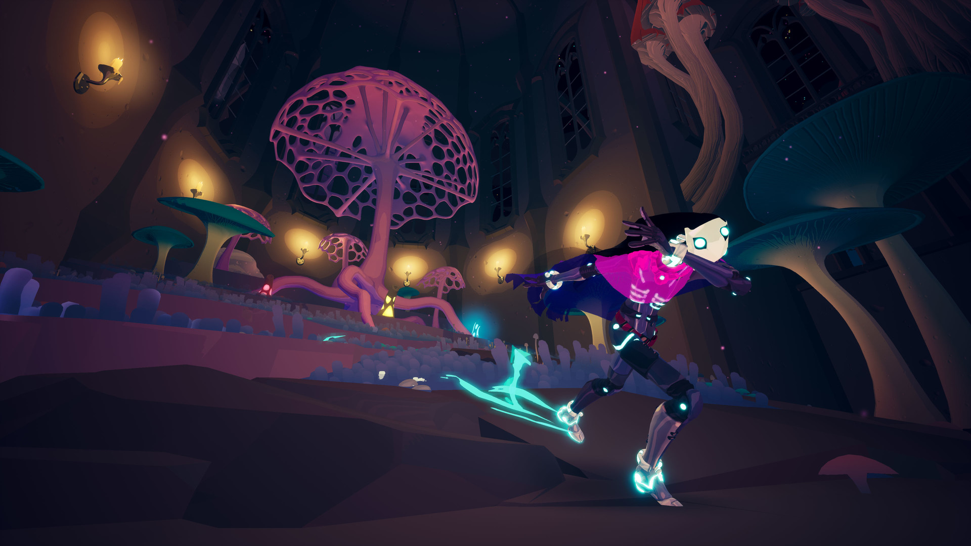Rei glides through a dim region filled with luminous alien plants.