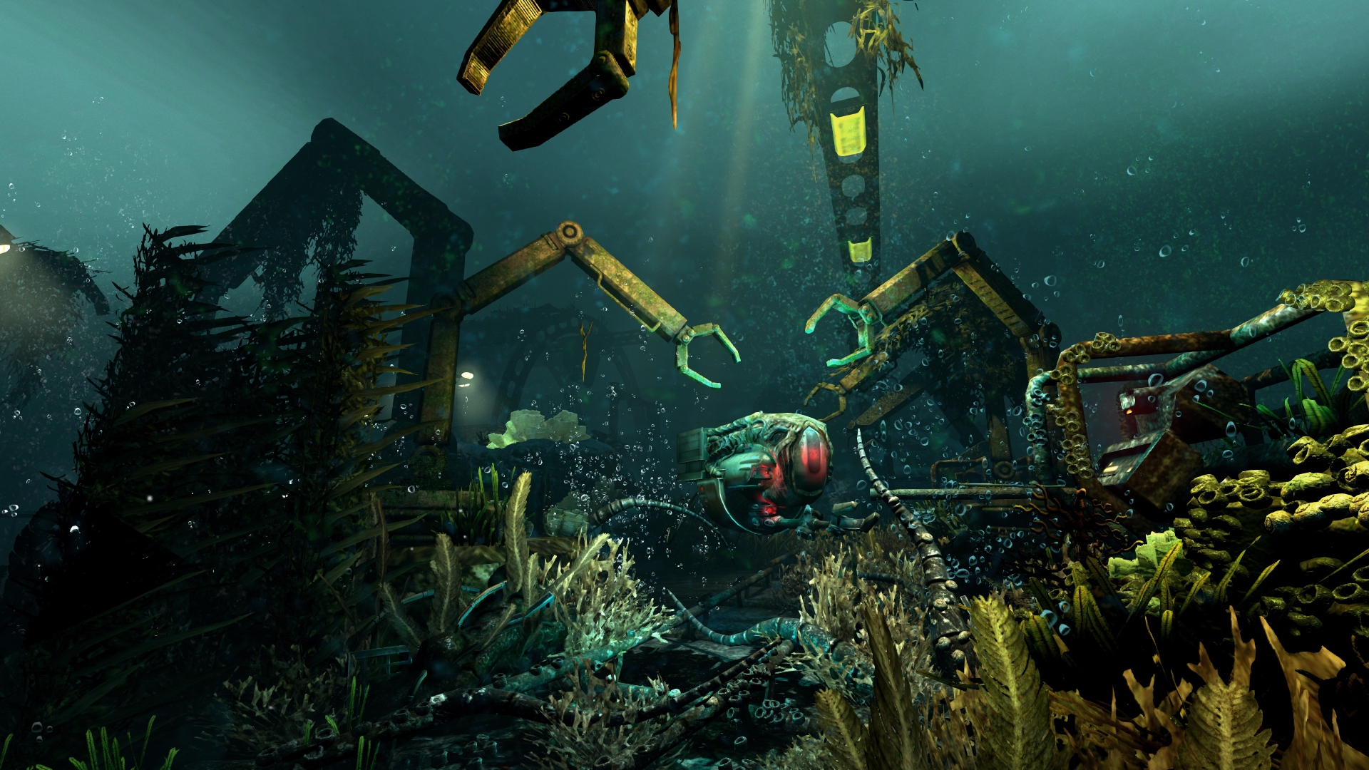 A robotic device hangs among ruined machinery on the seabed.
