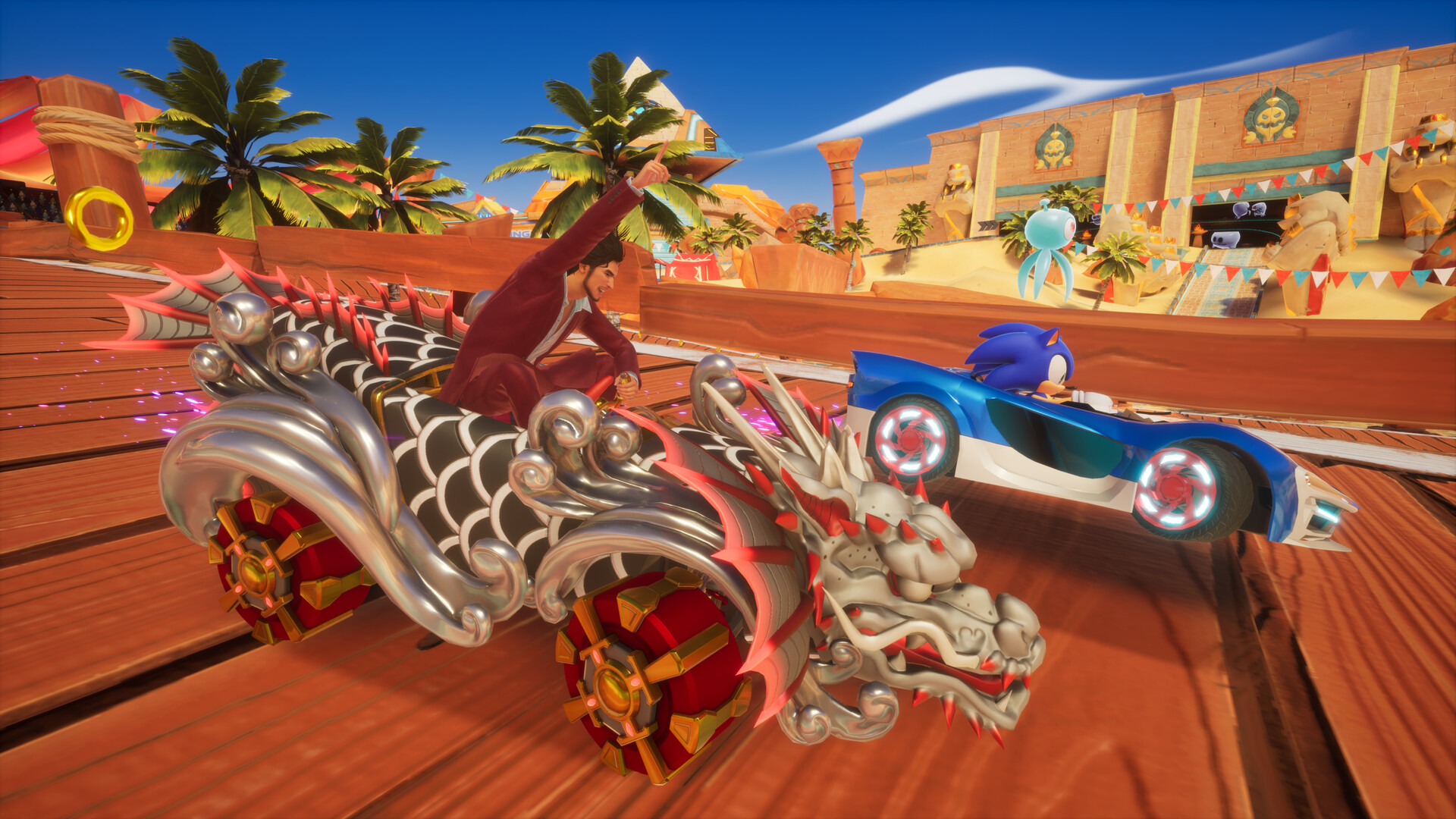 Sonic races alongside a red-clad driver in an ornate dragon-shaped car.