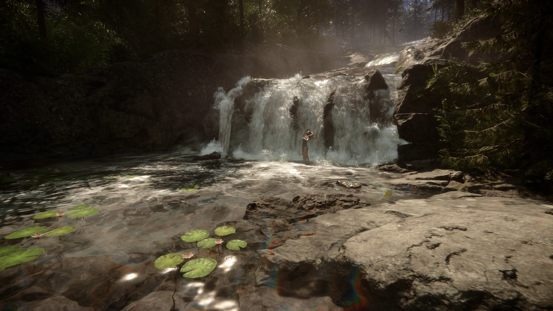 A wooded waterfall and stream cut through the island.
