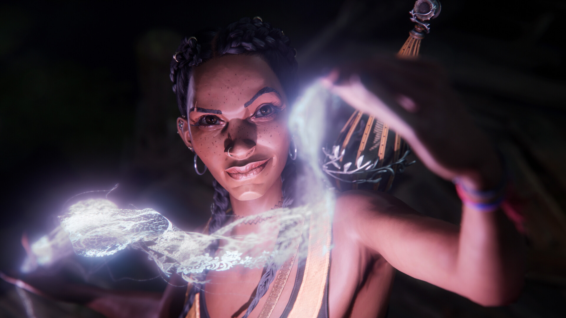 Hazel conjures a glowing strand of magic.