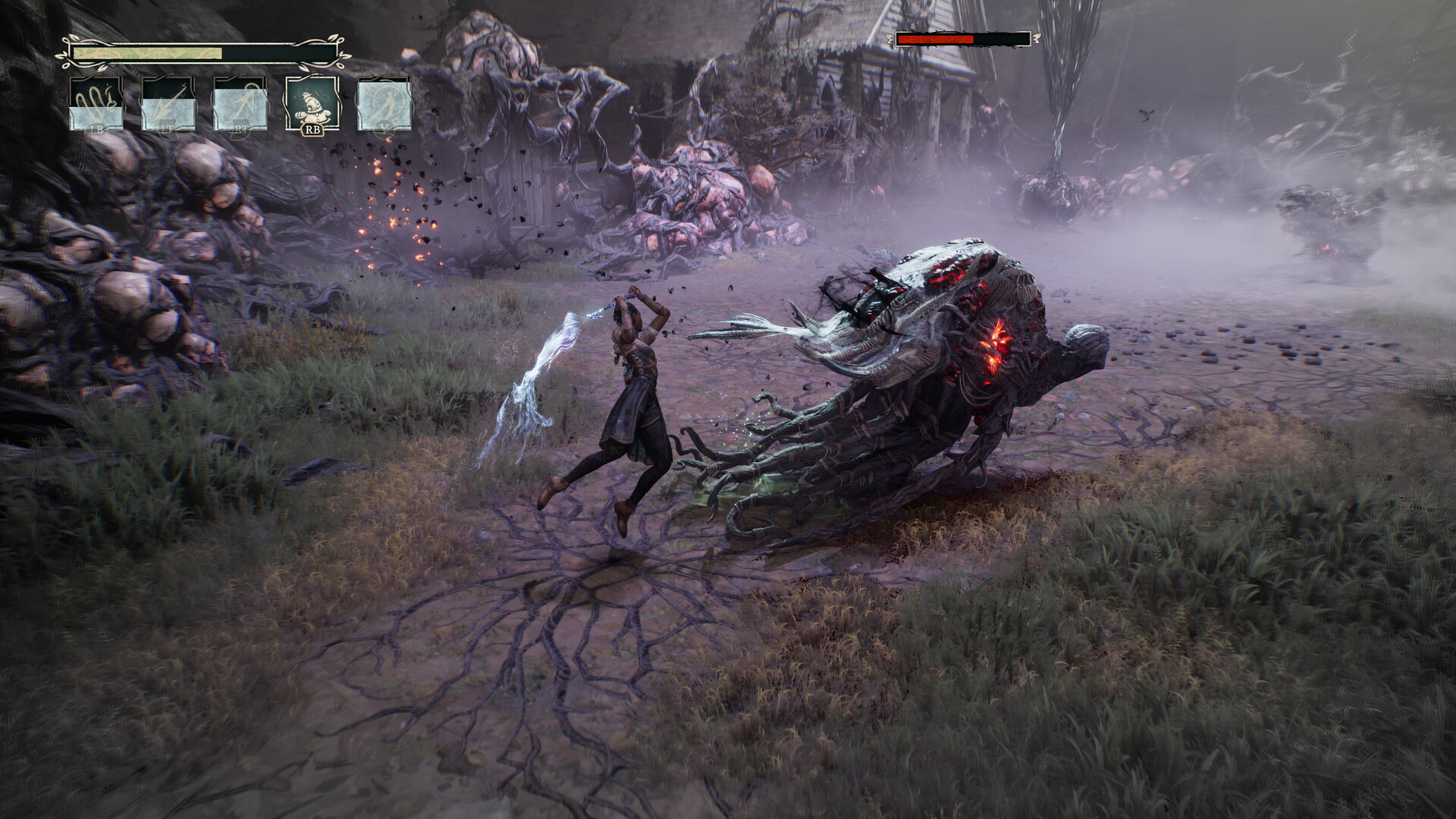Hazel strikes a large creature in a ruined outdoor arena.
