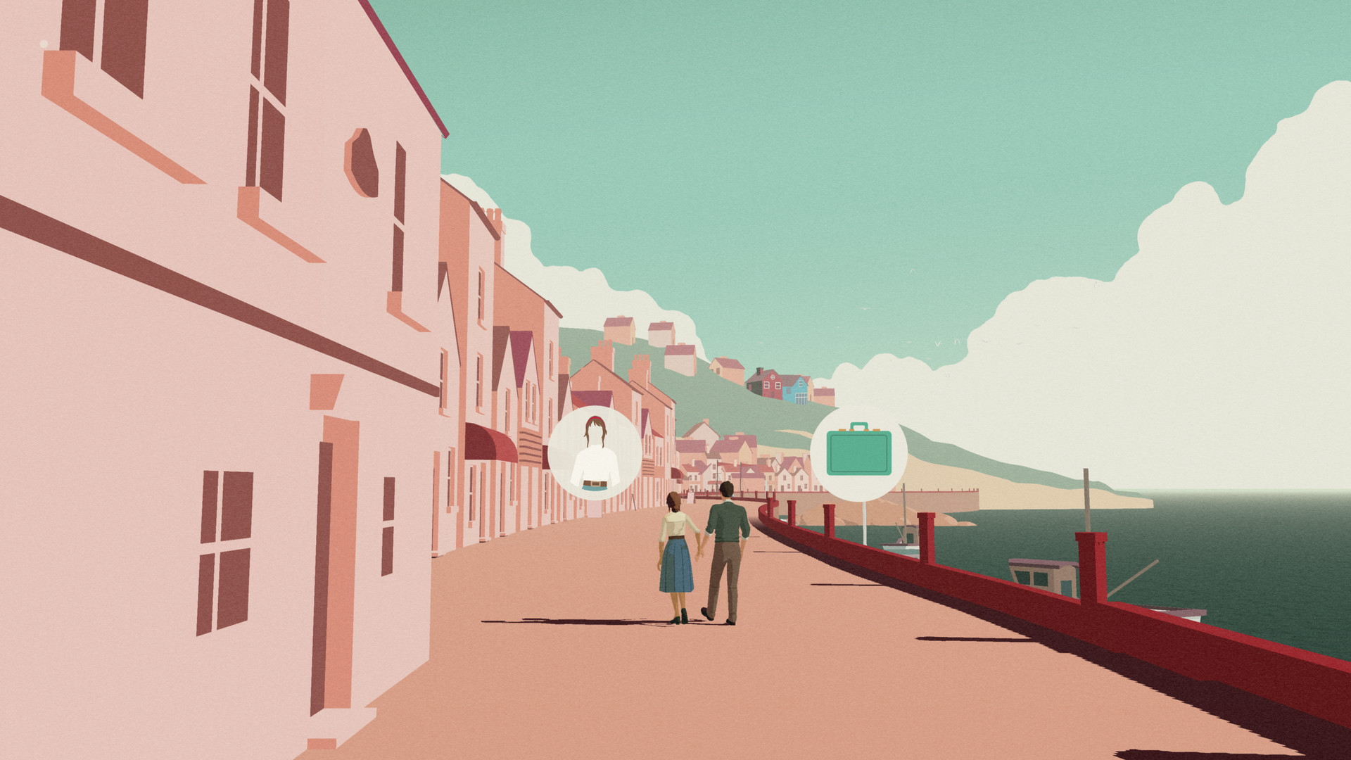 Two people stand on a sunlit street beside the water.