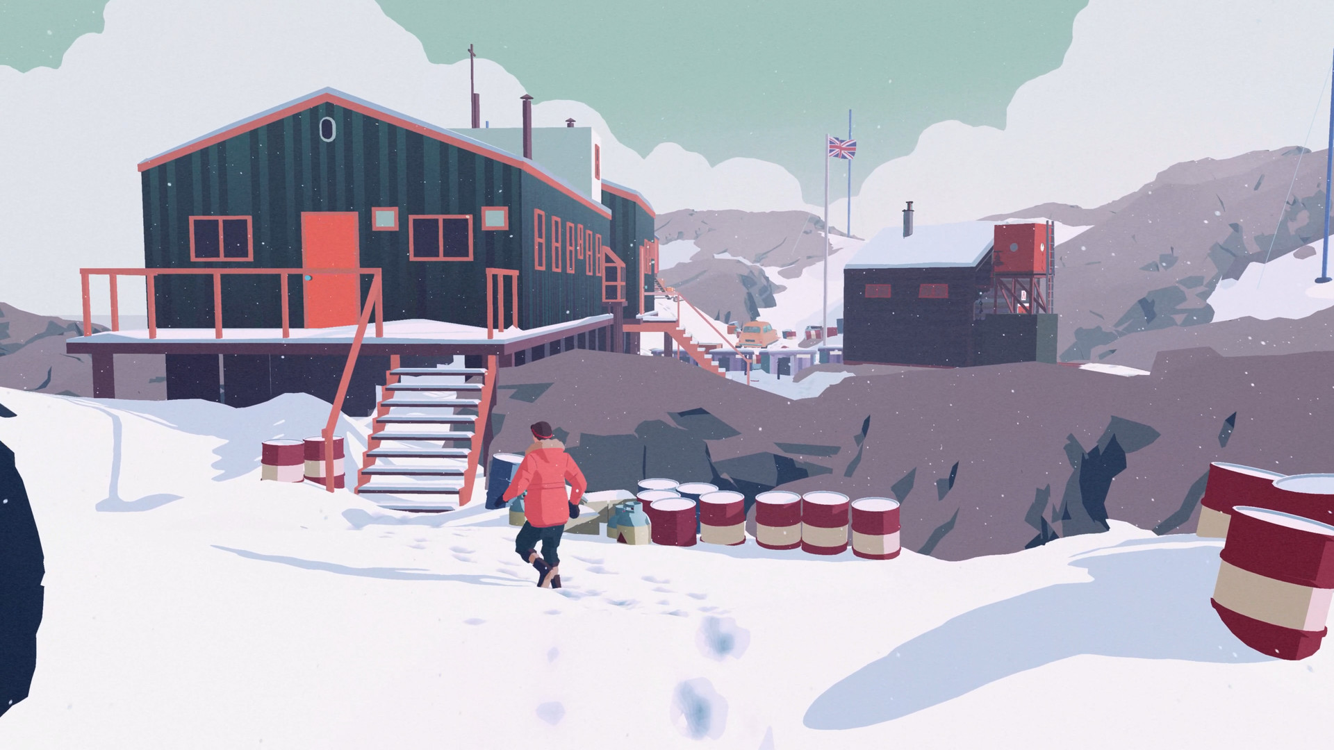 A figure runs toward a research building across snow at an Antarctic station.