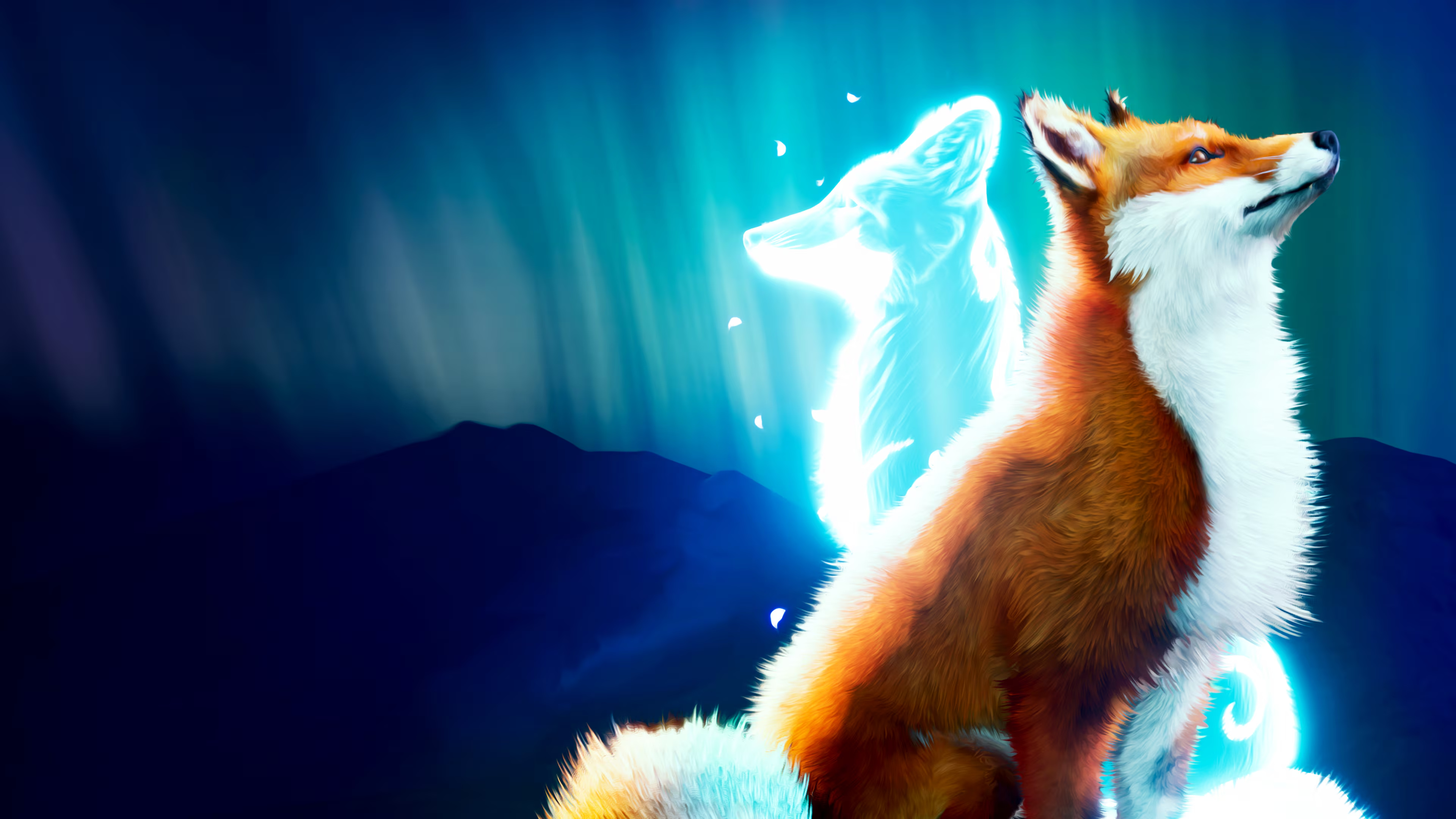 A red fox stands beside a luminous spirit fox against the Northern Lights.