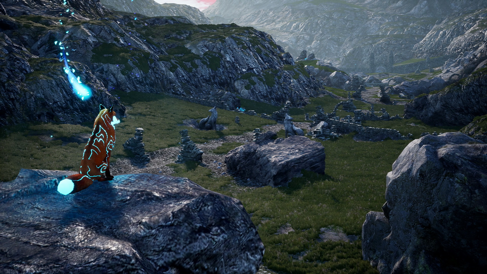 The red fox follows a blue spirit light across a rocky valley.