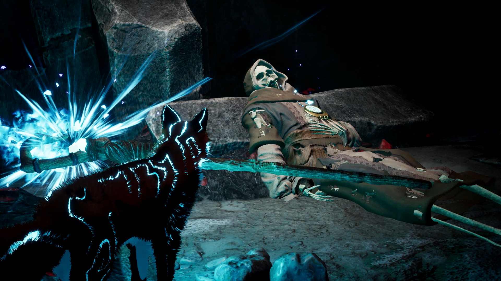 Spirit light radiates beside the fox and an ancient figure.