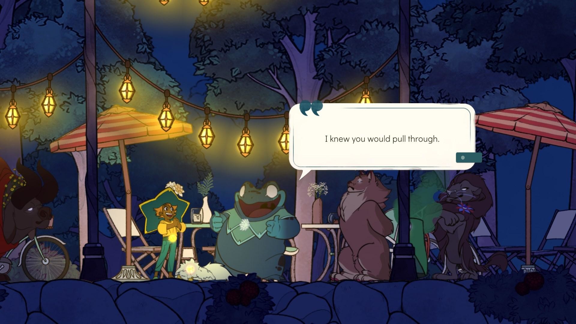 Stella speaks with spirits in a lantern-lit outdoor scene.