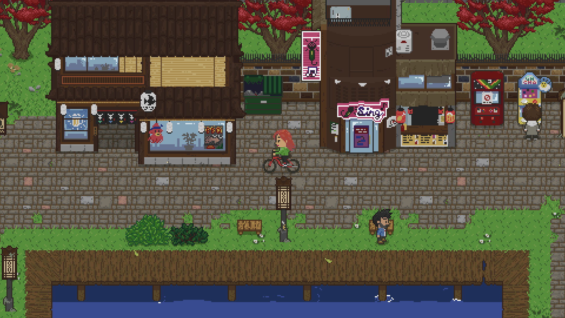A character walks past shops and signs along a town street.