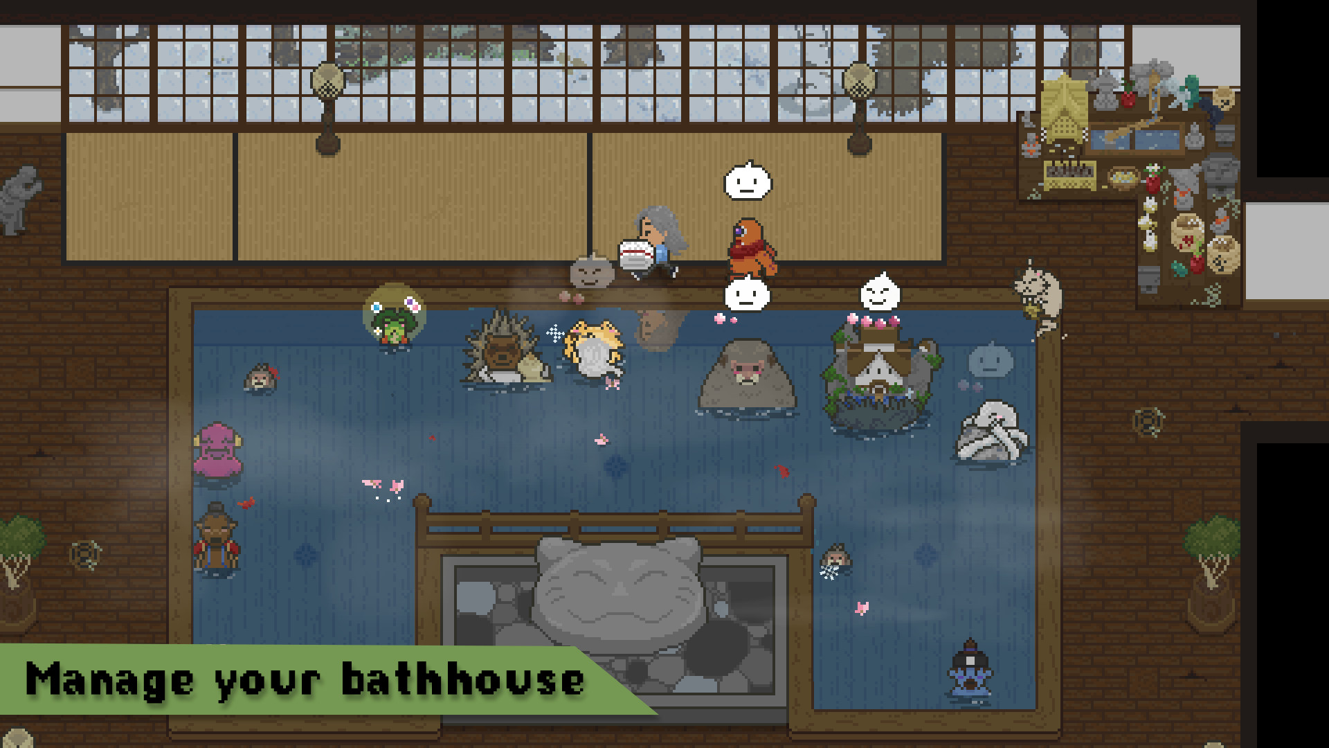 Spirits gather in the bathhouse pools while the management prompt appears.