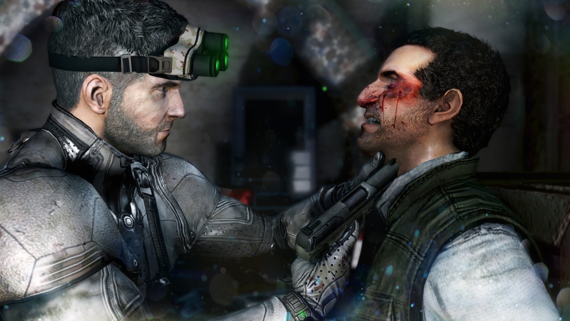 Sam Fisher confronts a bloodied man at close range.