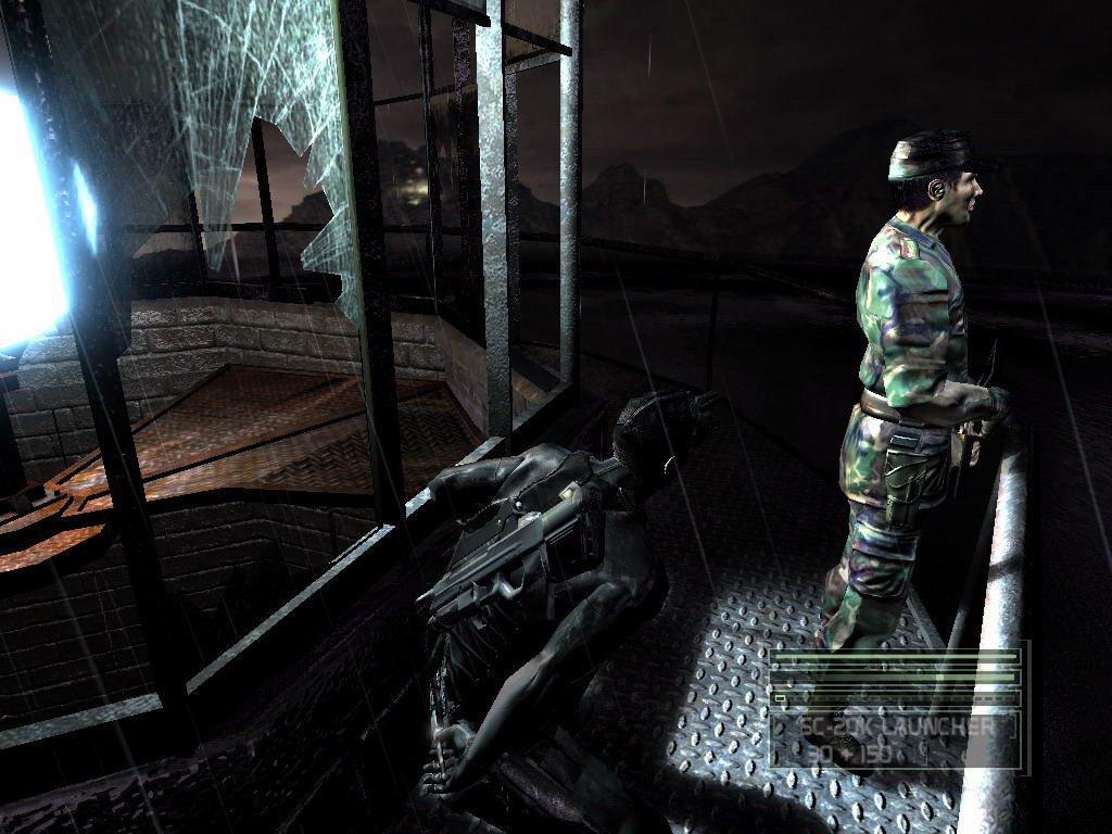 Sam Fisher approaches a guard on a dark ship.
