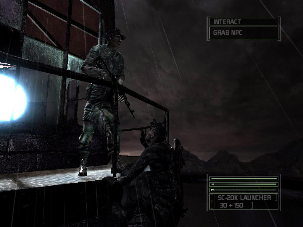 An armed guard stands above Fisher in a shadowed passage.