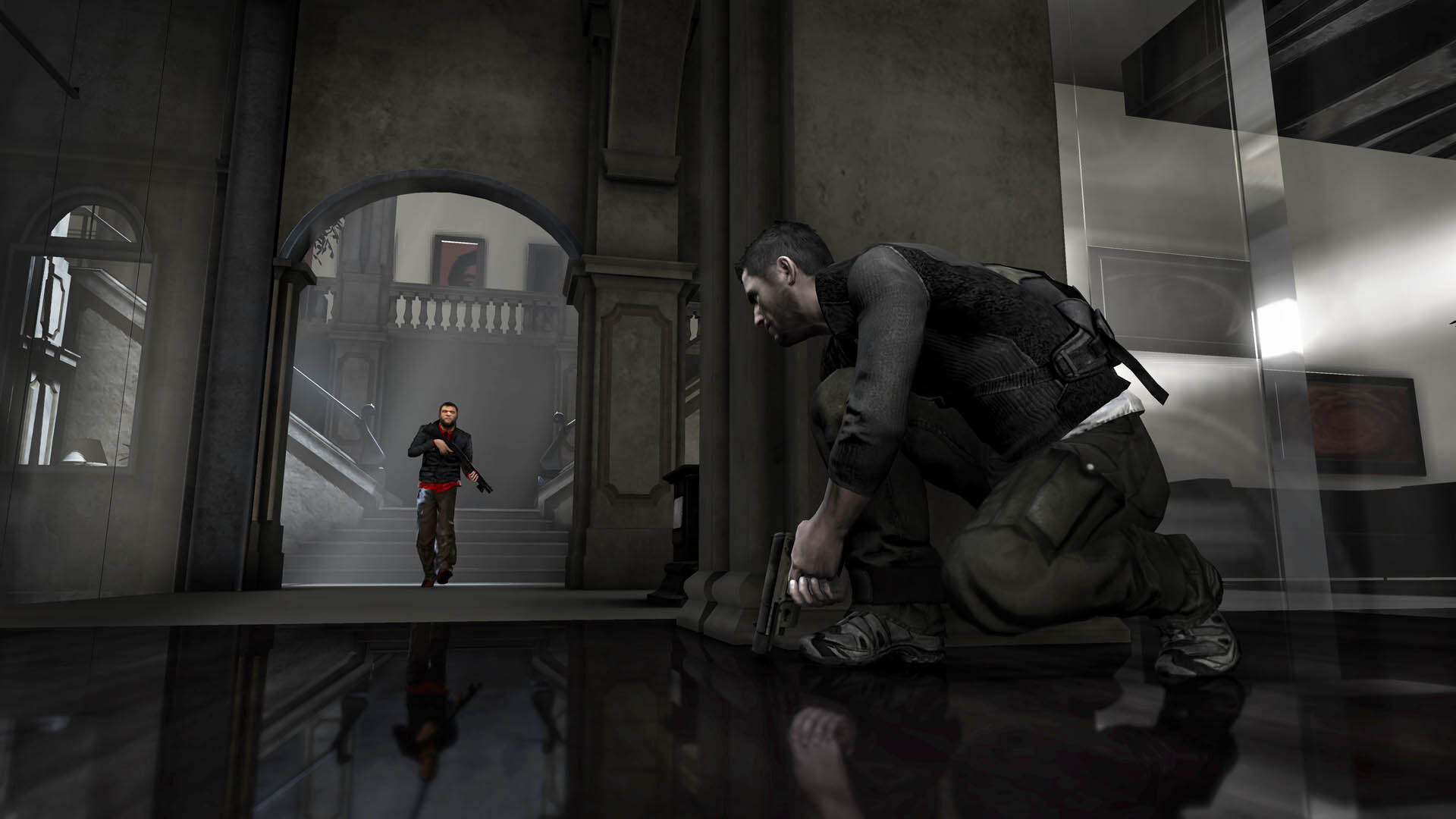 Fisher takes cover as an armed opponent approaches.