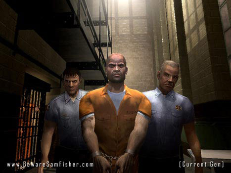 An inmate walks under guard through a prison corridor.