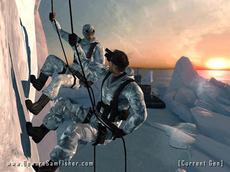 Two armed figures hang beside an icy wall.