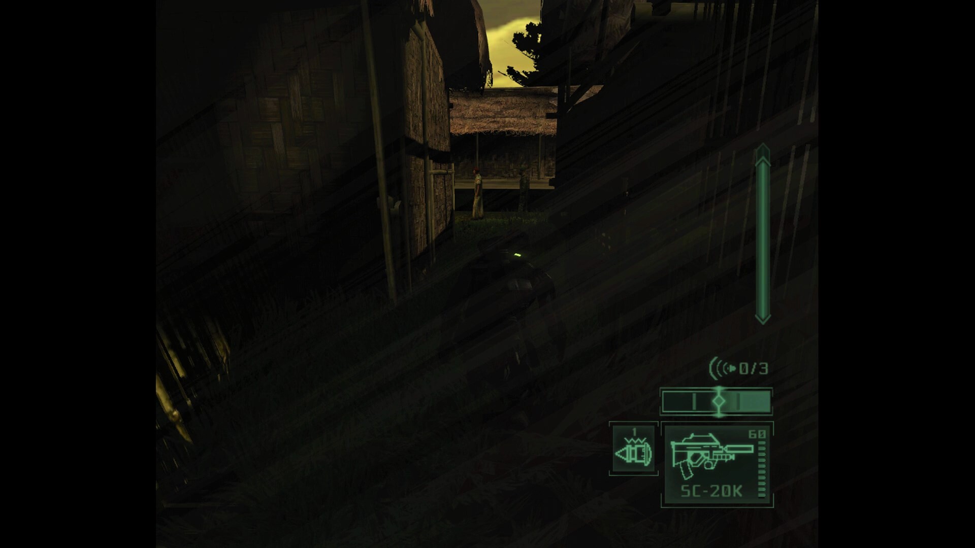 Sam Fisher moves beside a dark wall at dusk.