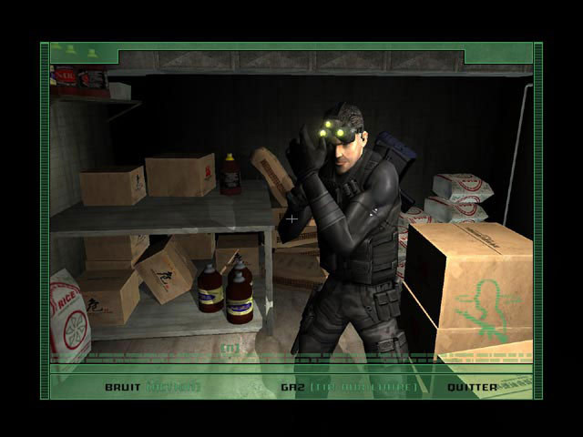 Sam Fisher stands inside a guarded storage room.