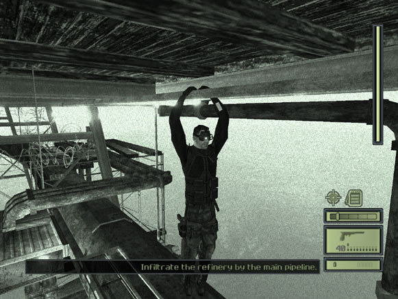 Sam hangs from a pipe above an industrial area.