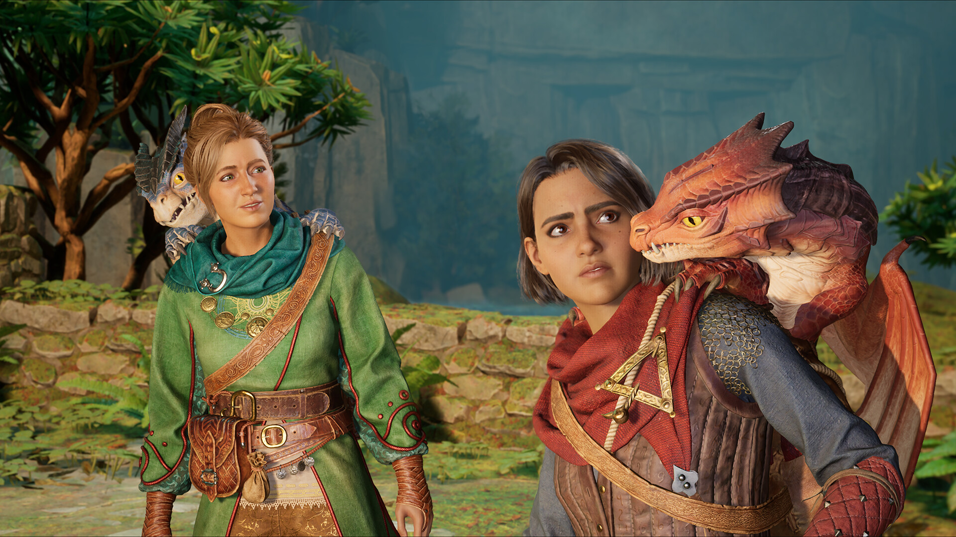 Two characters stand beside small dragon companions.