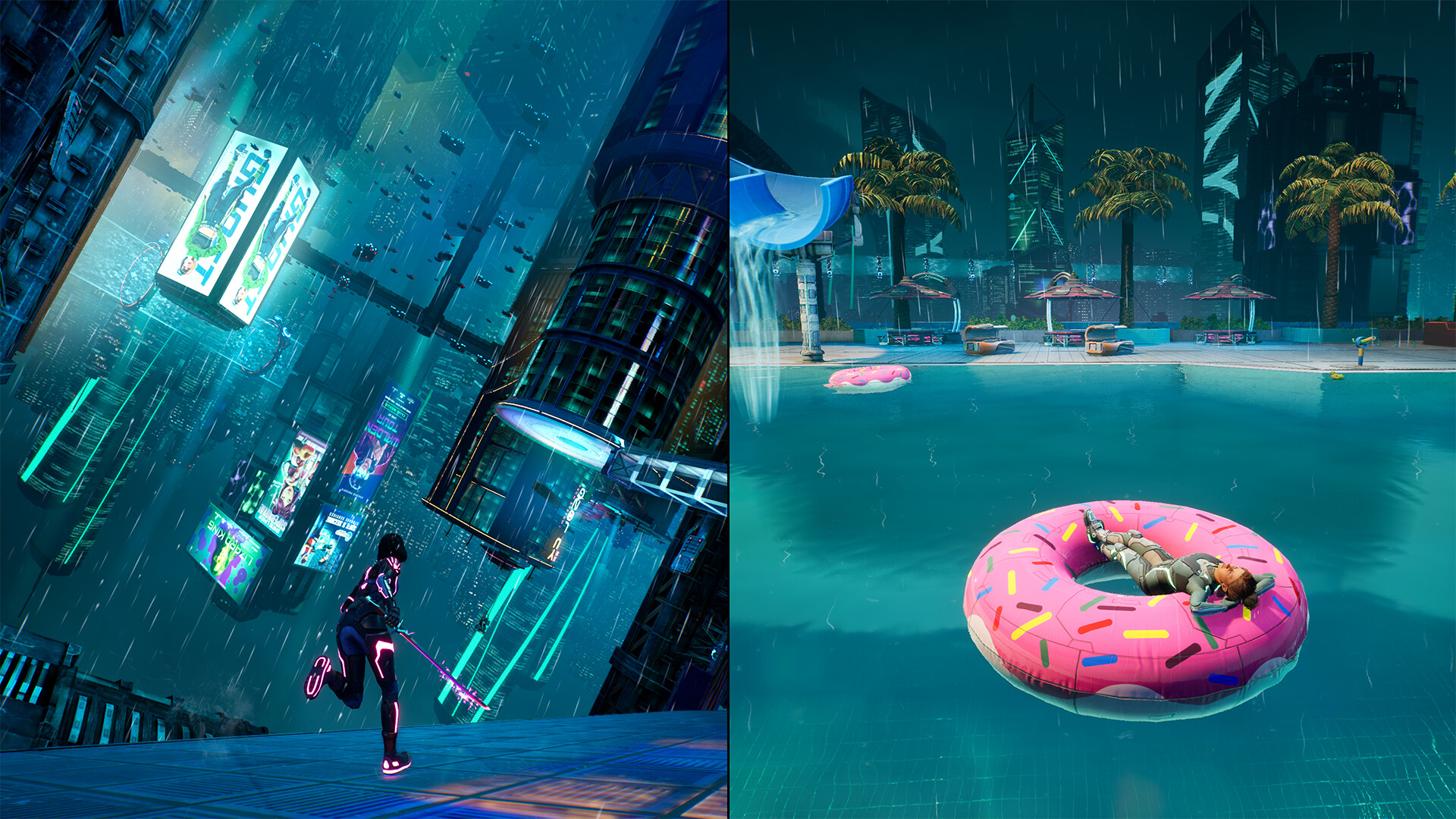 A split-screen scene shows a neon city and a swimming pool.