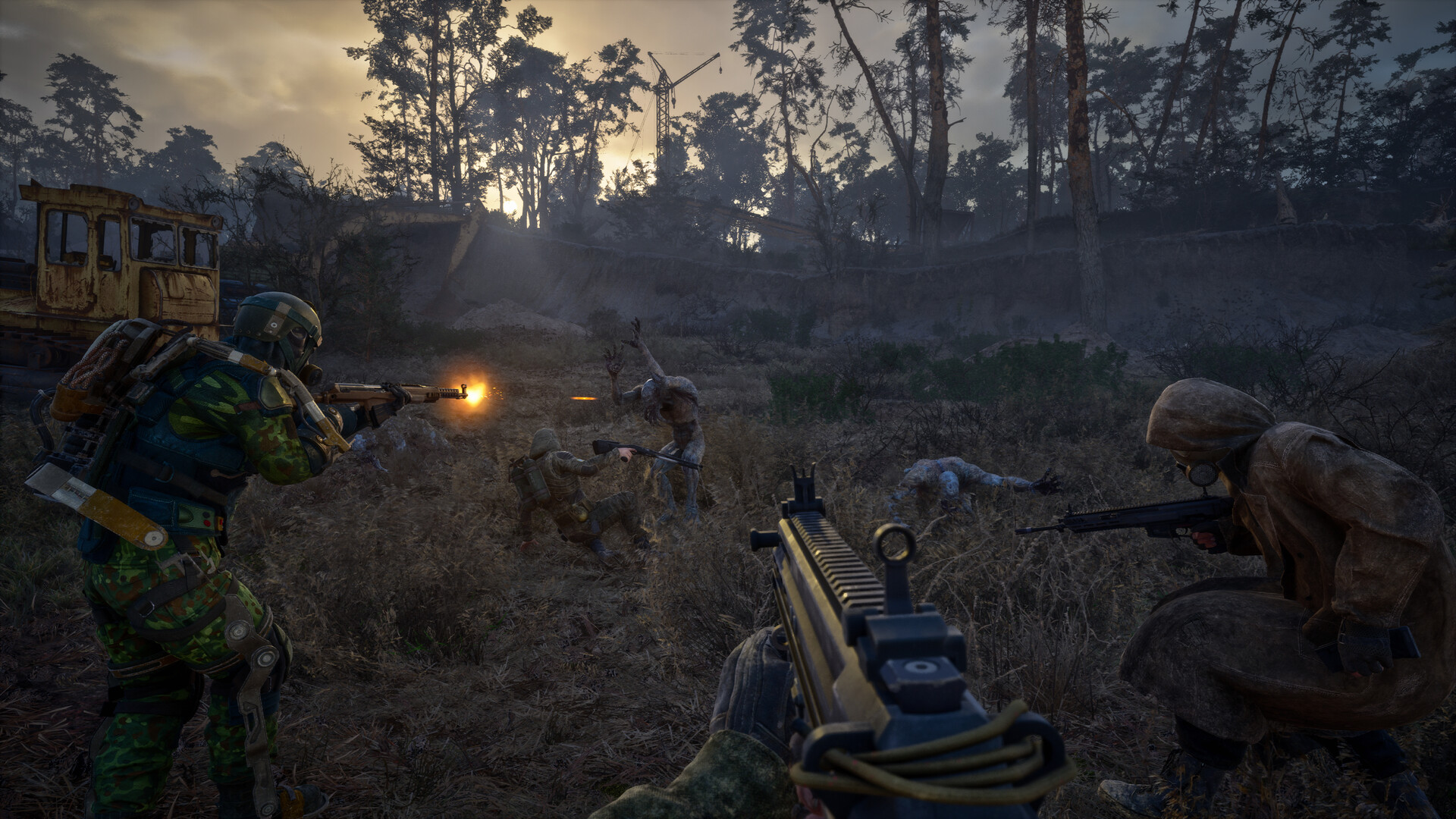 Stalkers confront a creature in the Zone.